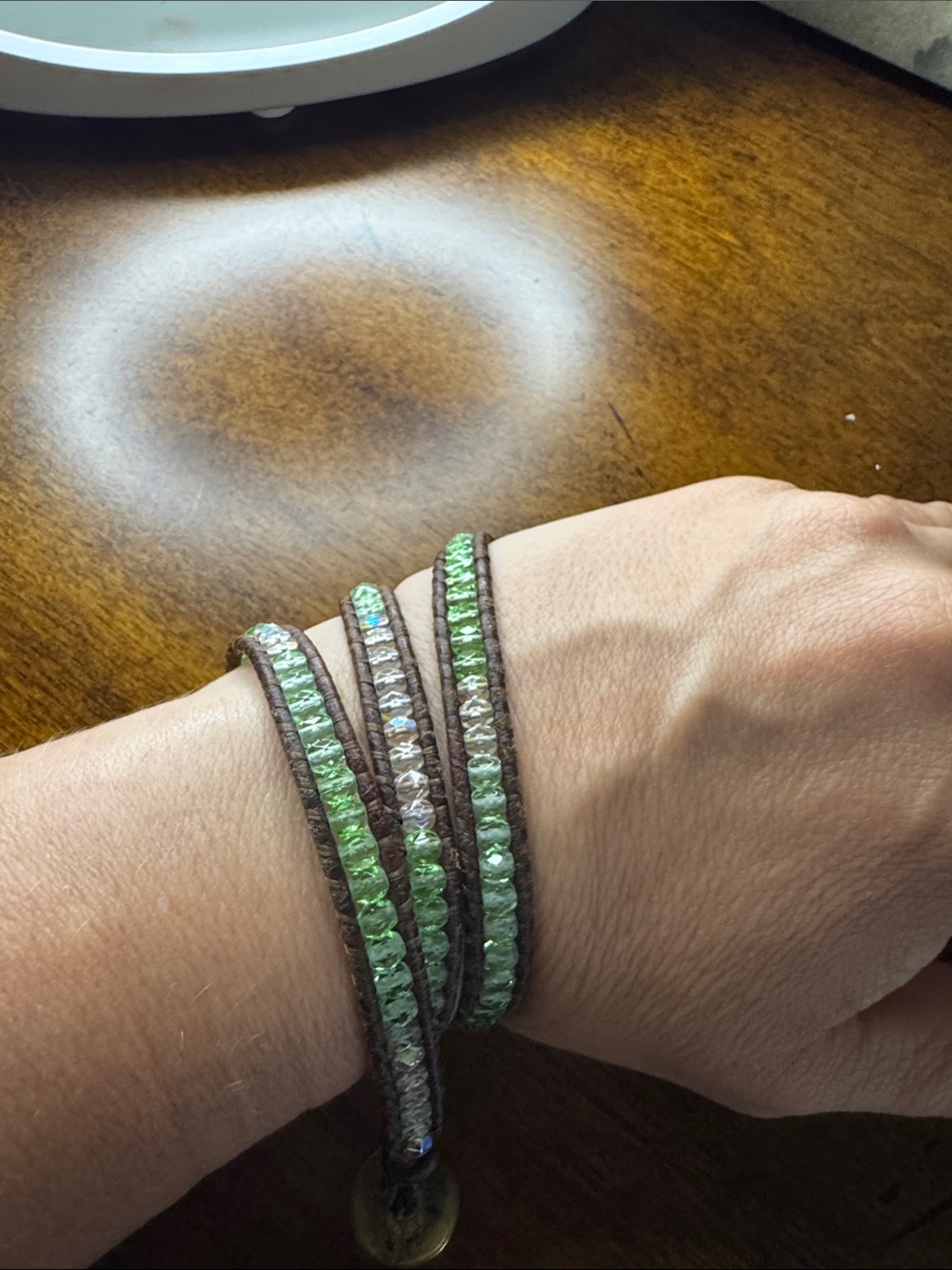 Chan Luu Pink and Green Crystal Multi-Wrap Bracelet on Brown Leather